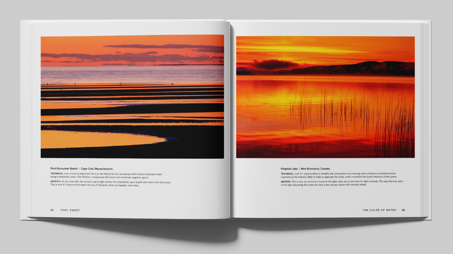 An interior spread from The Color of Water: The Artistry of Light, Reflection & Hidden Hues, a book by Tony Sweet, fine art nature photographer